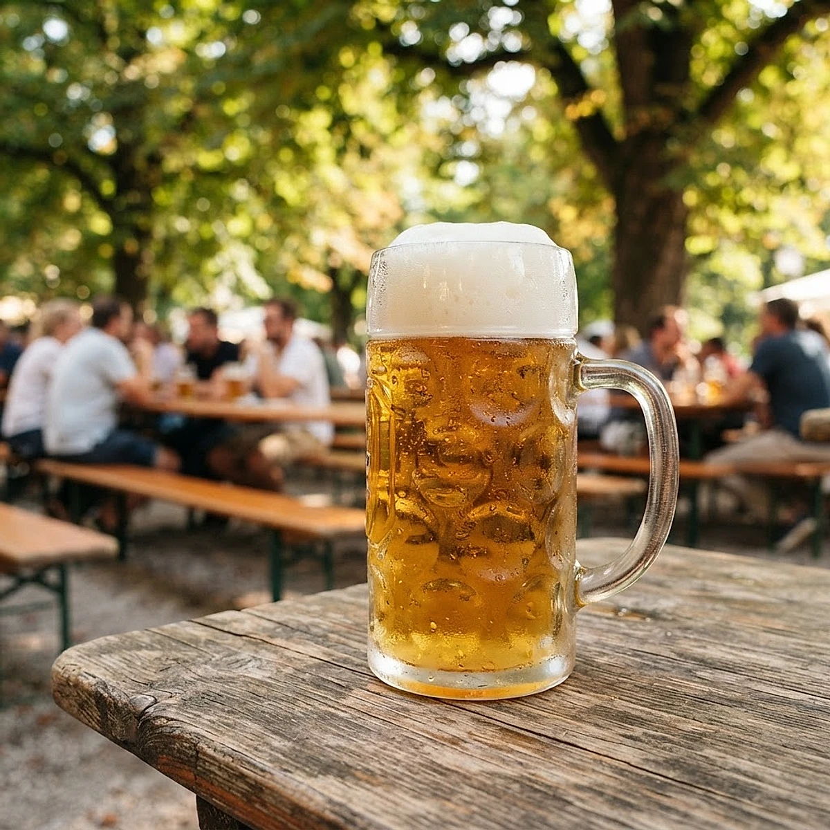 Frisch gezapfte Bier-Maß auf einem Holztisch im sommerlichen Biergarten des Wirtshaus in Binz unter grünen Kastanienbäumen