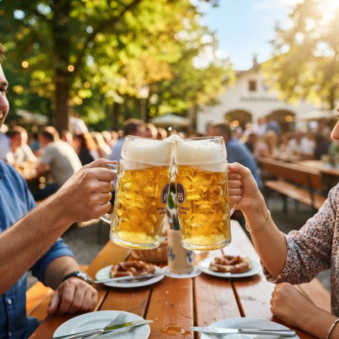 Zwei frisch gezapfte Bier-Maß stoßen im sonnigen Biergarten des Wirtshaus in Binz an