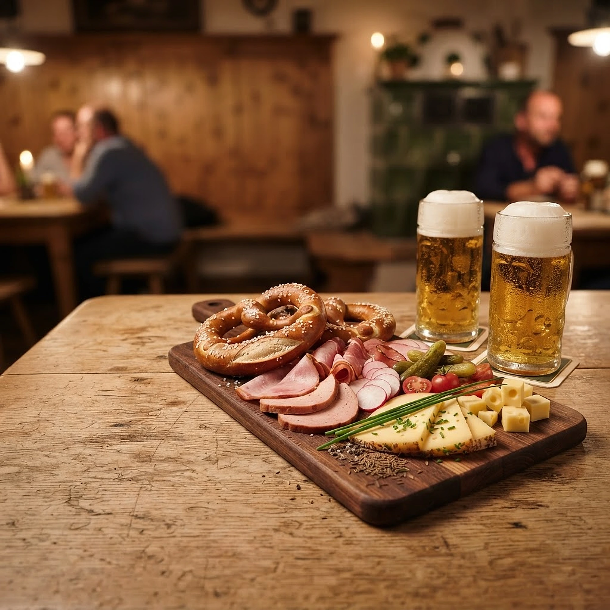 Bayerische Brotzeit mit Brezn, Aufschnitt, Käse und zwei frisch gezapften Bieren auf einem Holztisch im warmen Licht des Tegernseer Wirtshaus in Binz